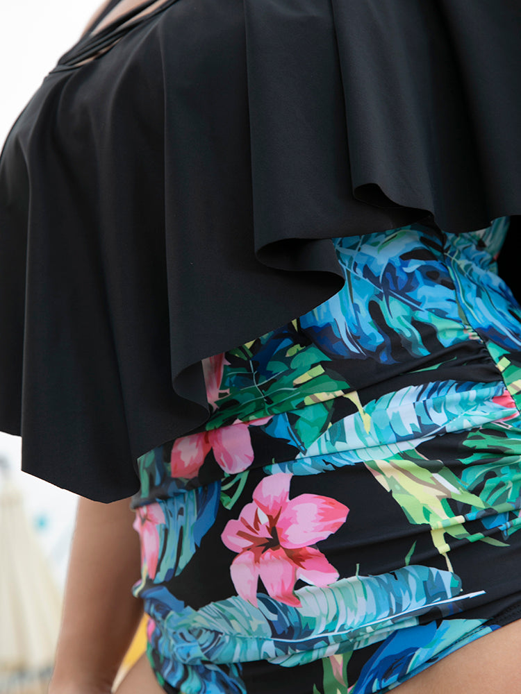 Floral Patchwork Crisscross Cold Shoulder Asymmetrical One Piece Swimsuit