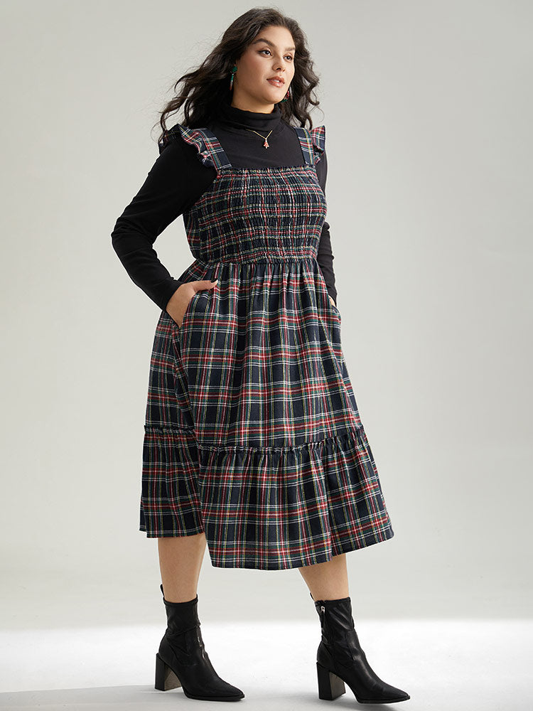 Plaid Ruffle Trim Shirred Spaghetti Strap Dress