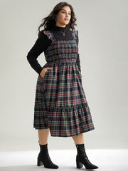 Plaid Ruffle Trim Shirred Spaghetti Strap Dress