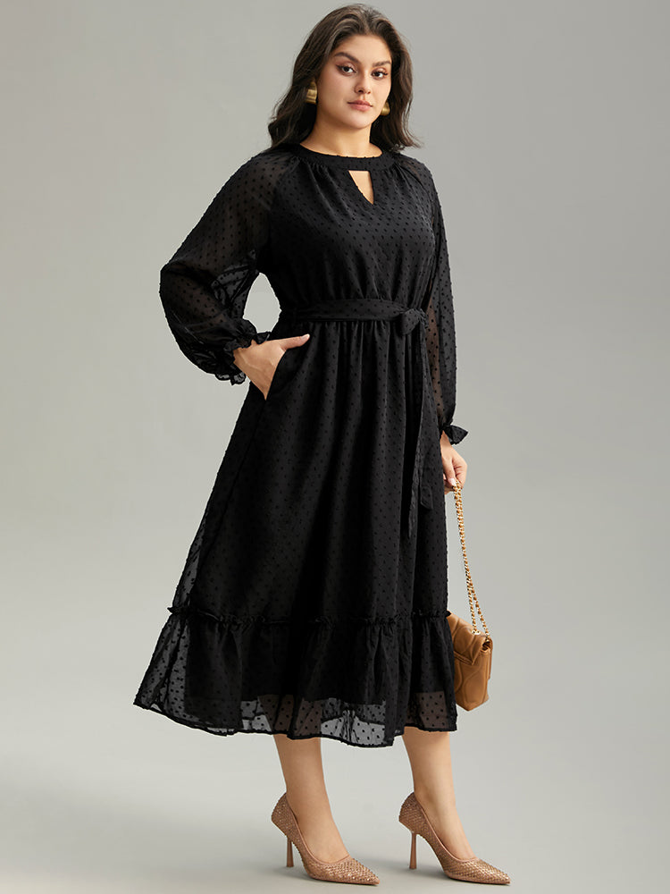 Chiffon Texture Belted Mesh Keyhole Frill Trim Dress