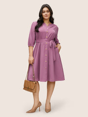 Notched Button Through Elastic Waist Belted Dress