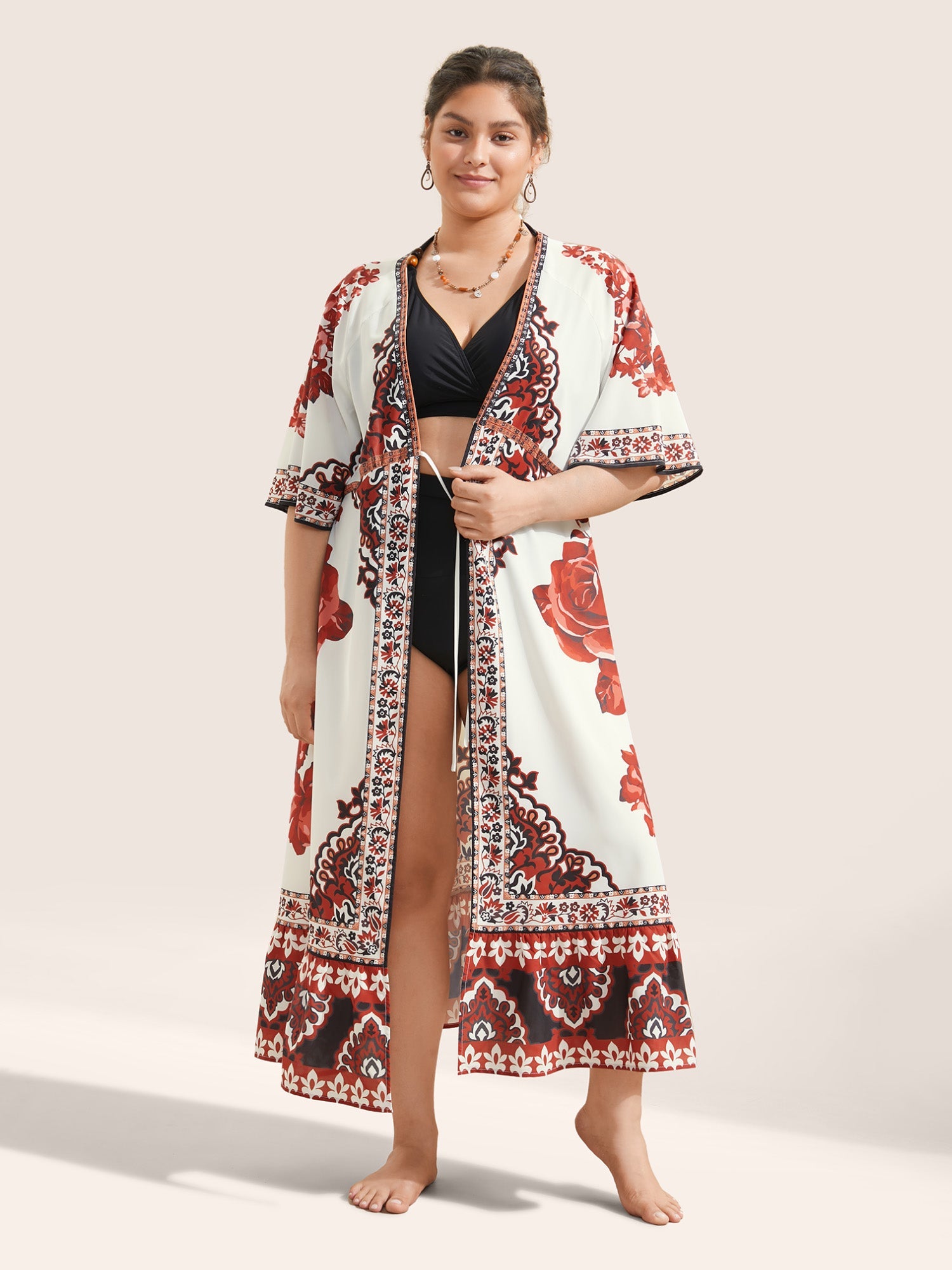 Boho Print Ties Raglan Sleeve Flutter Hem Kimono