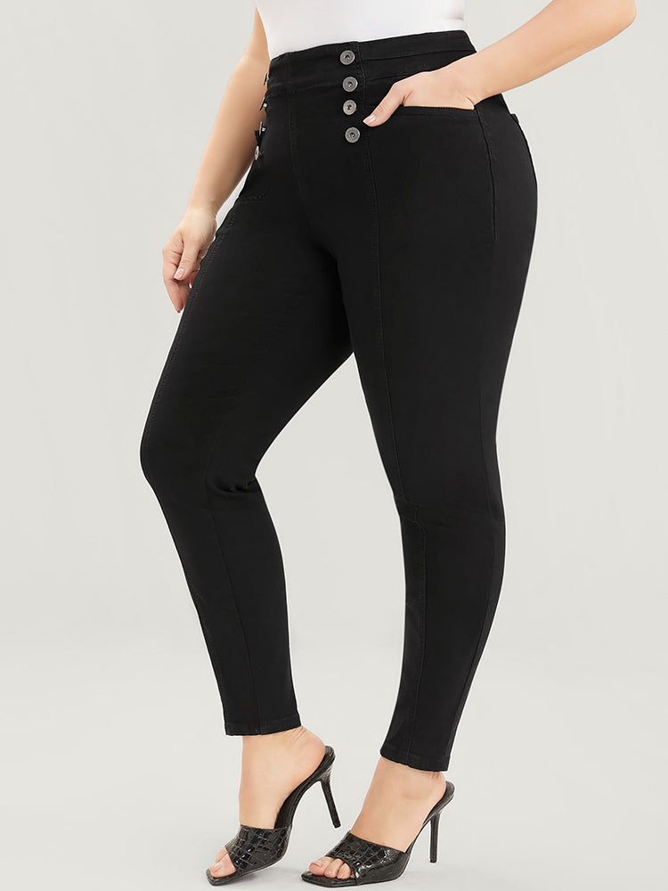 Skinny Slightly Stretchy High Rise Black Wash Button Detail Pocket Jeans