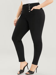 Skinny Slightly Stretchy High Rise Black Wash Button Detail Pocket Jeans