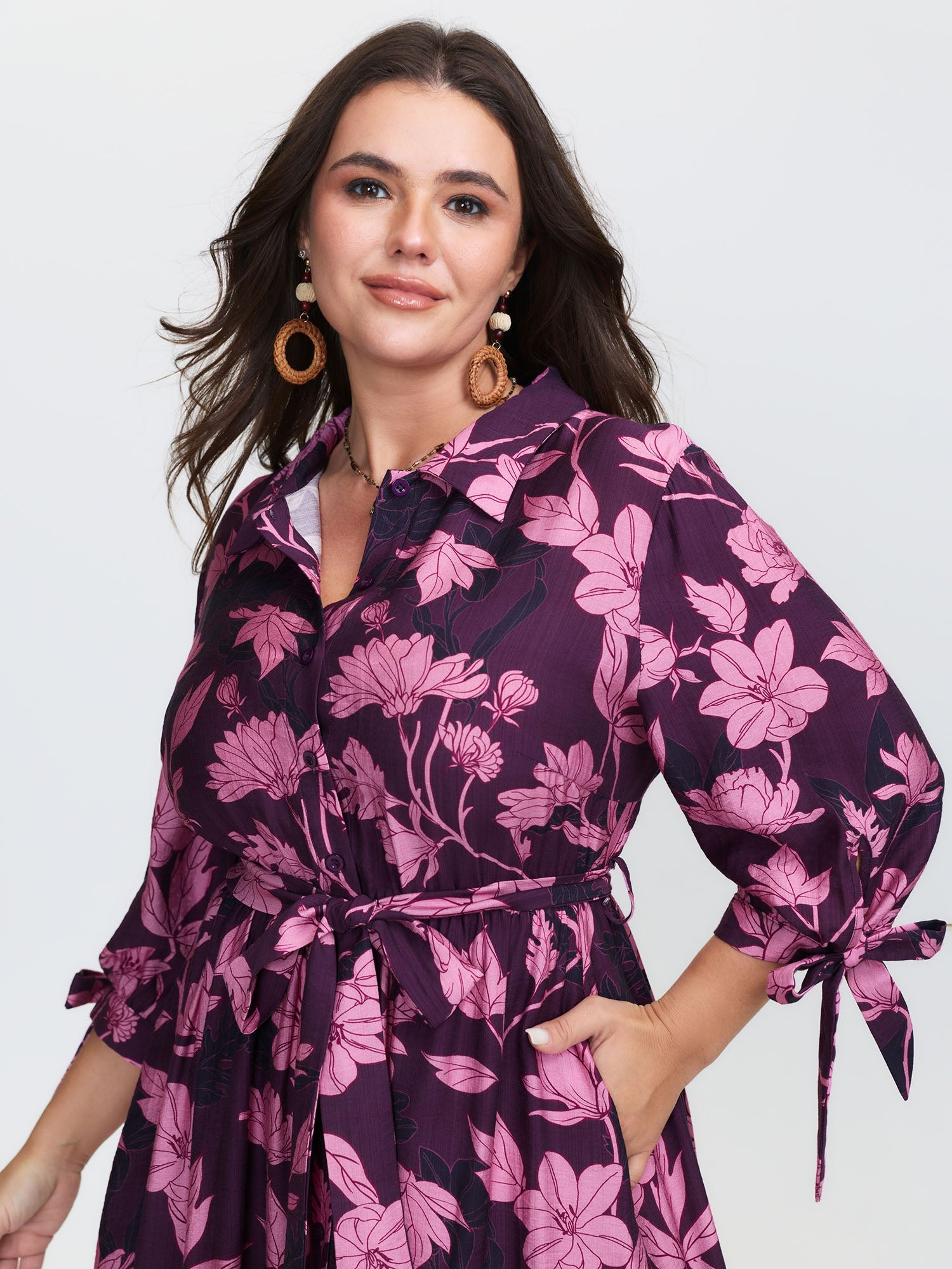 Silhouette Flower Stretchy Waist Tie Midi Dress