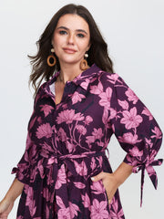 Silhouette Flower Stretchy Waist Tie Midi Dress