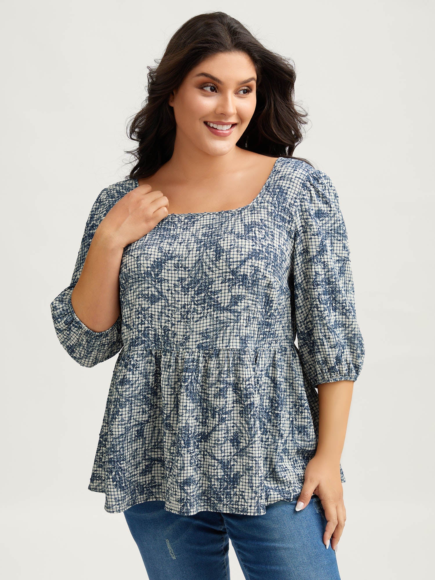 Check Toile de Jouy Shirred Pattern Blouse