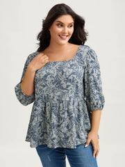 Check Toile de Jouy Shirred Pattern Blouse