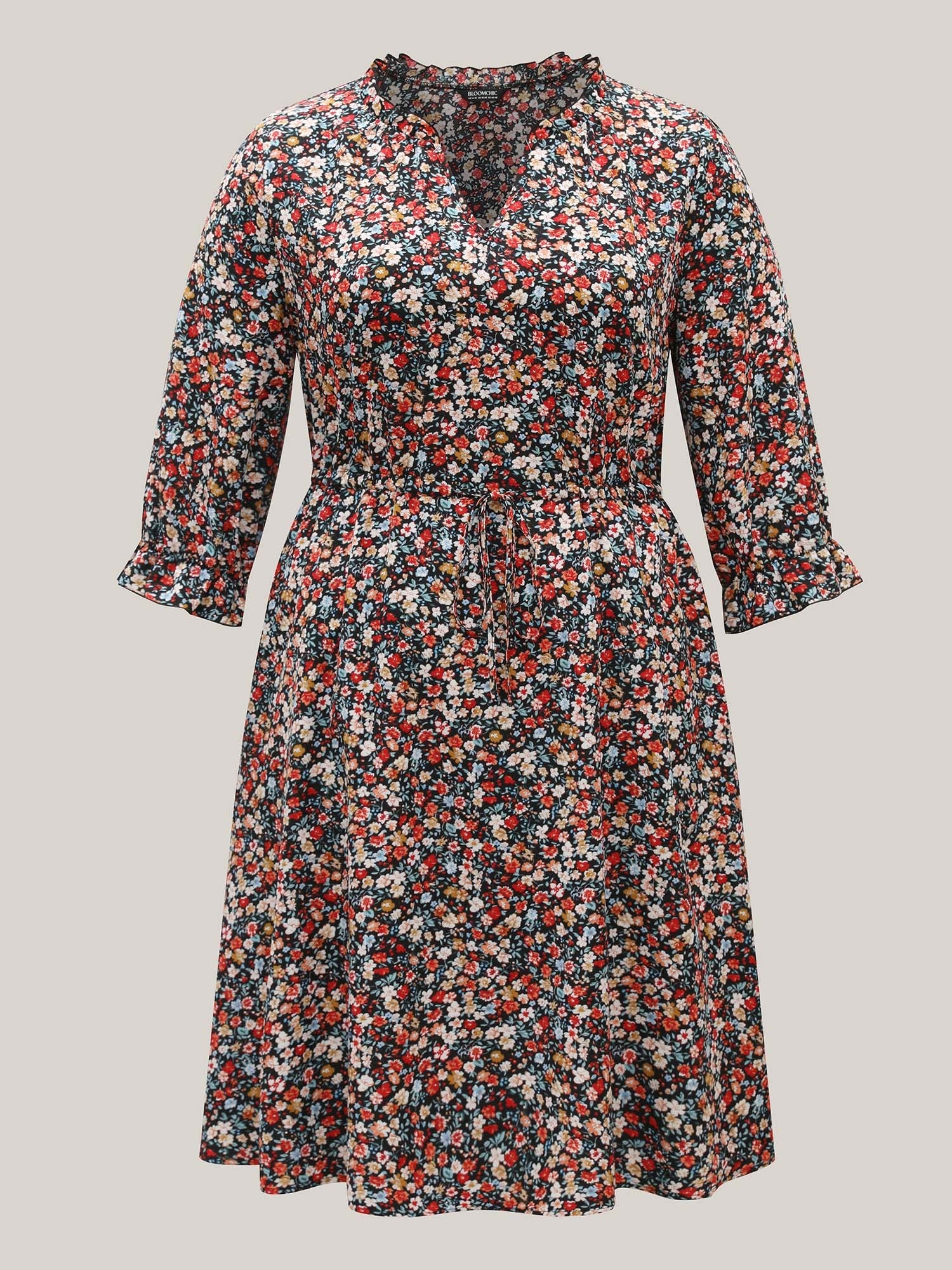 Floral Print Drawstring Pockets Flared Midi Dress