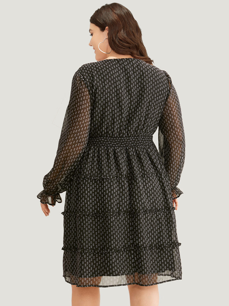Geometric Shirred Mesh Frill Trim Dress