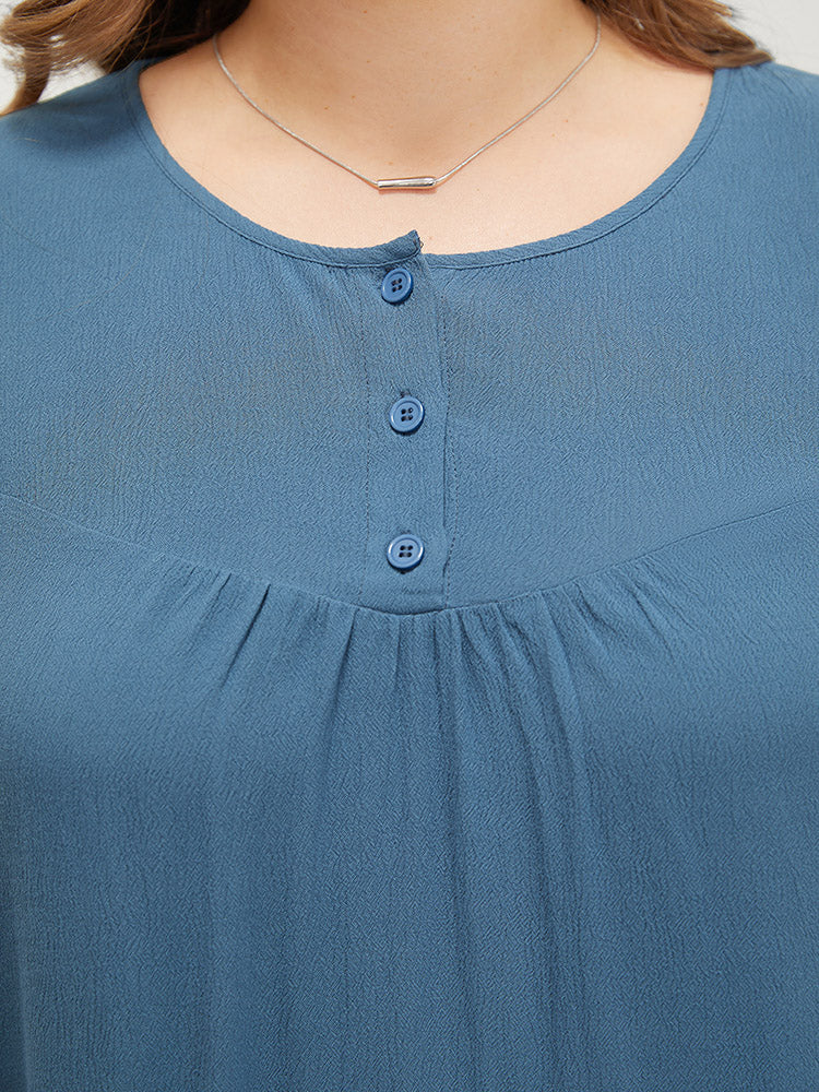 Plain Button Up Gathered Lantern Sleeve Blouse