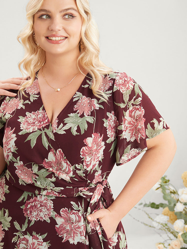 Floral Print Belted Surplice Neck Flutter Pocket Maxi Dress