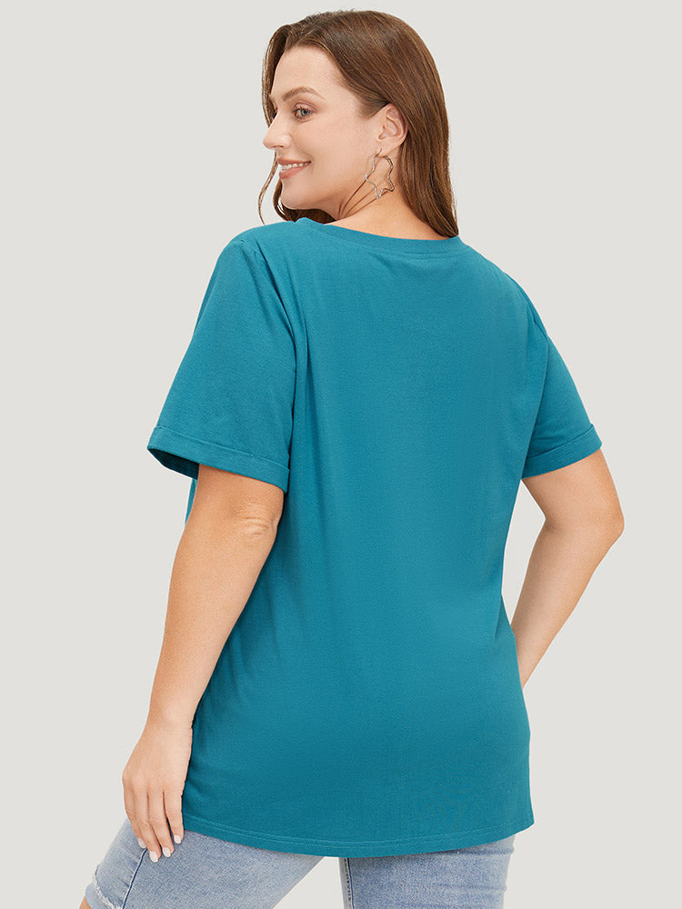 Floral & Letter Roll Sleeve T-shirt