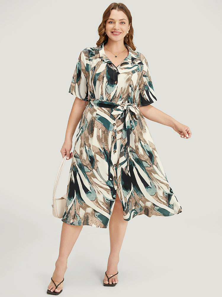 Allover Print Pocket Button Up Belted Shirt Collar Dress