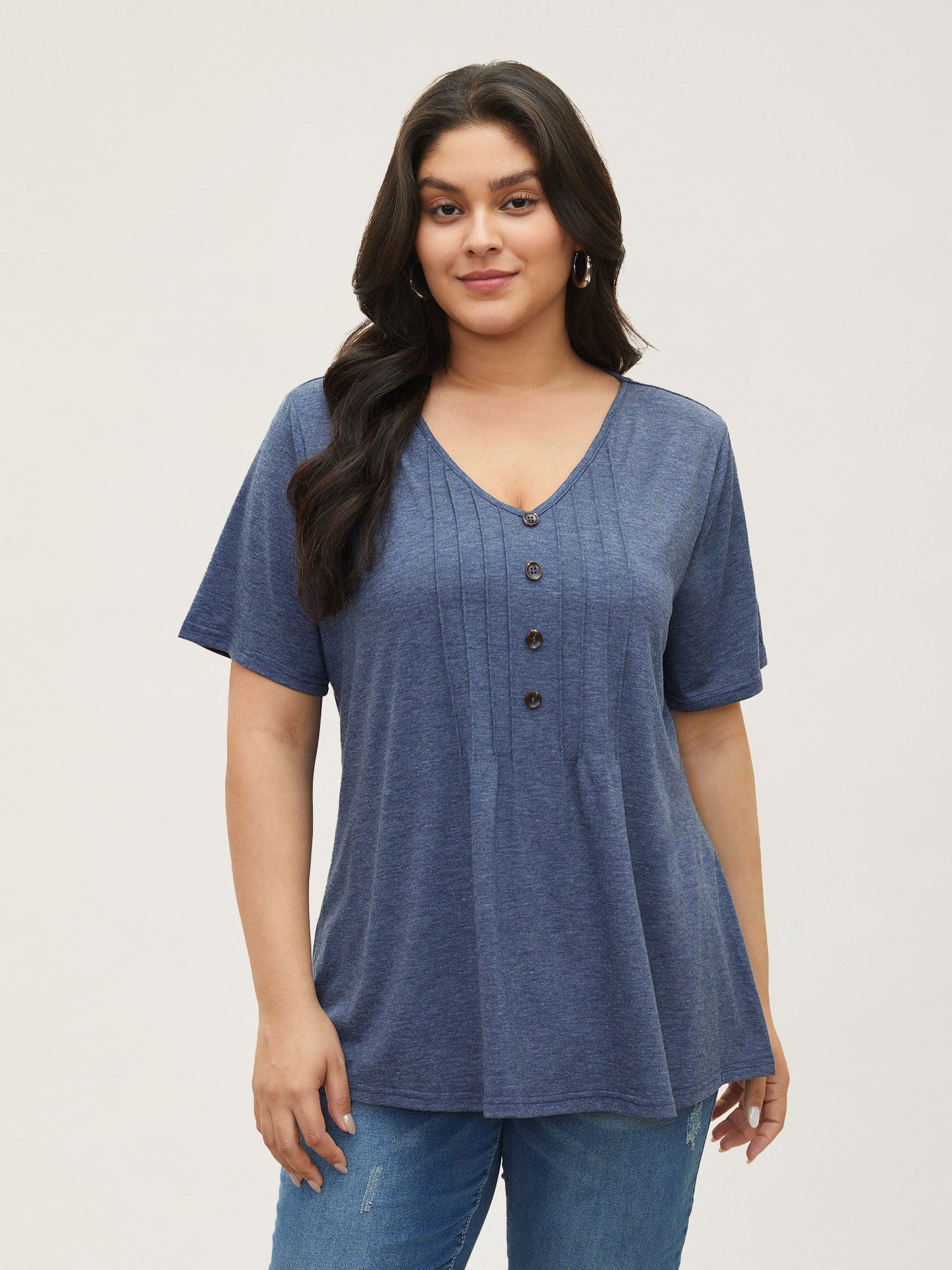 Solid Pleated Front Button Detail V Neck T-shirt