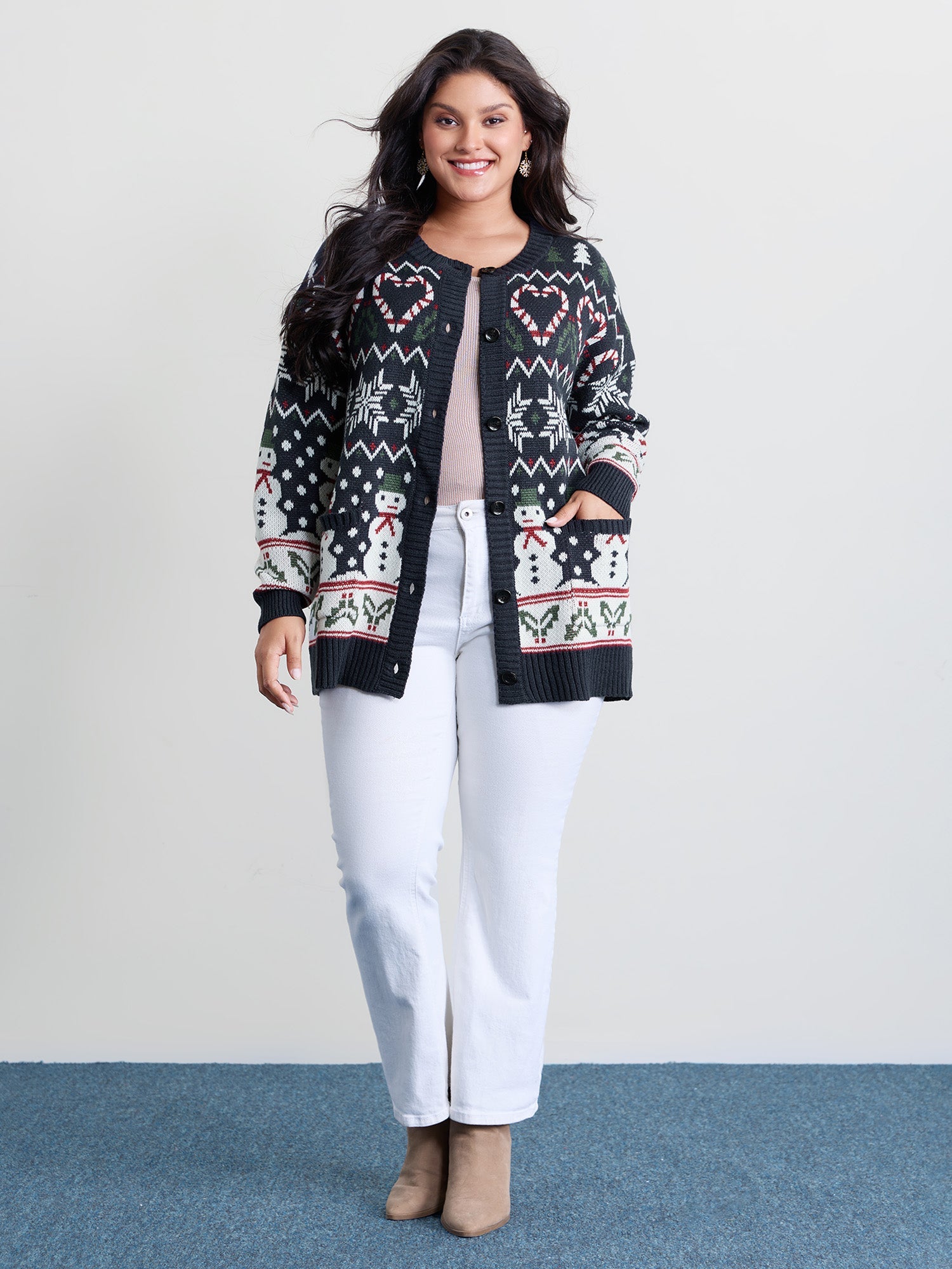 Snowman Holiday Jacquard Pockets Knit Cardigan