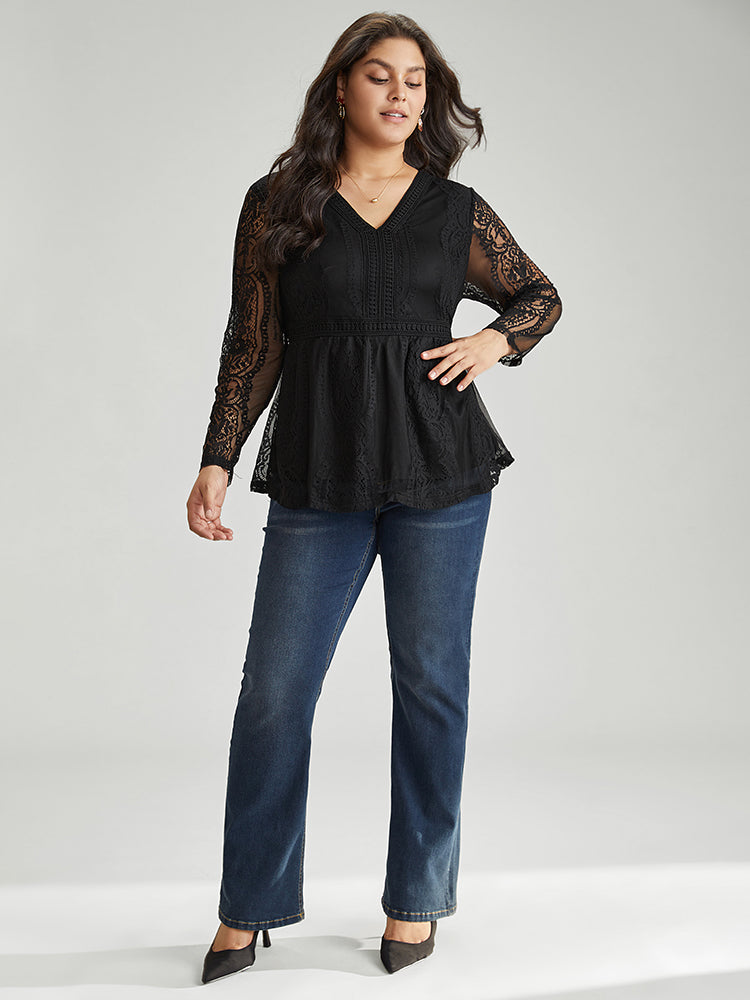 Solid Guipure Lace Mesh Elastic Waist Blouse