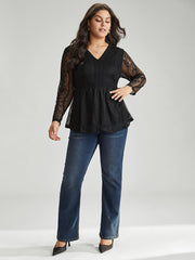 Solid Guipure Lace Mesh Elastic Waist Blouse