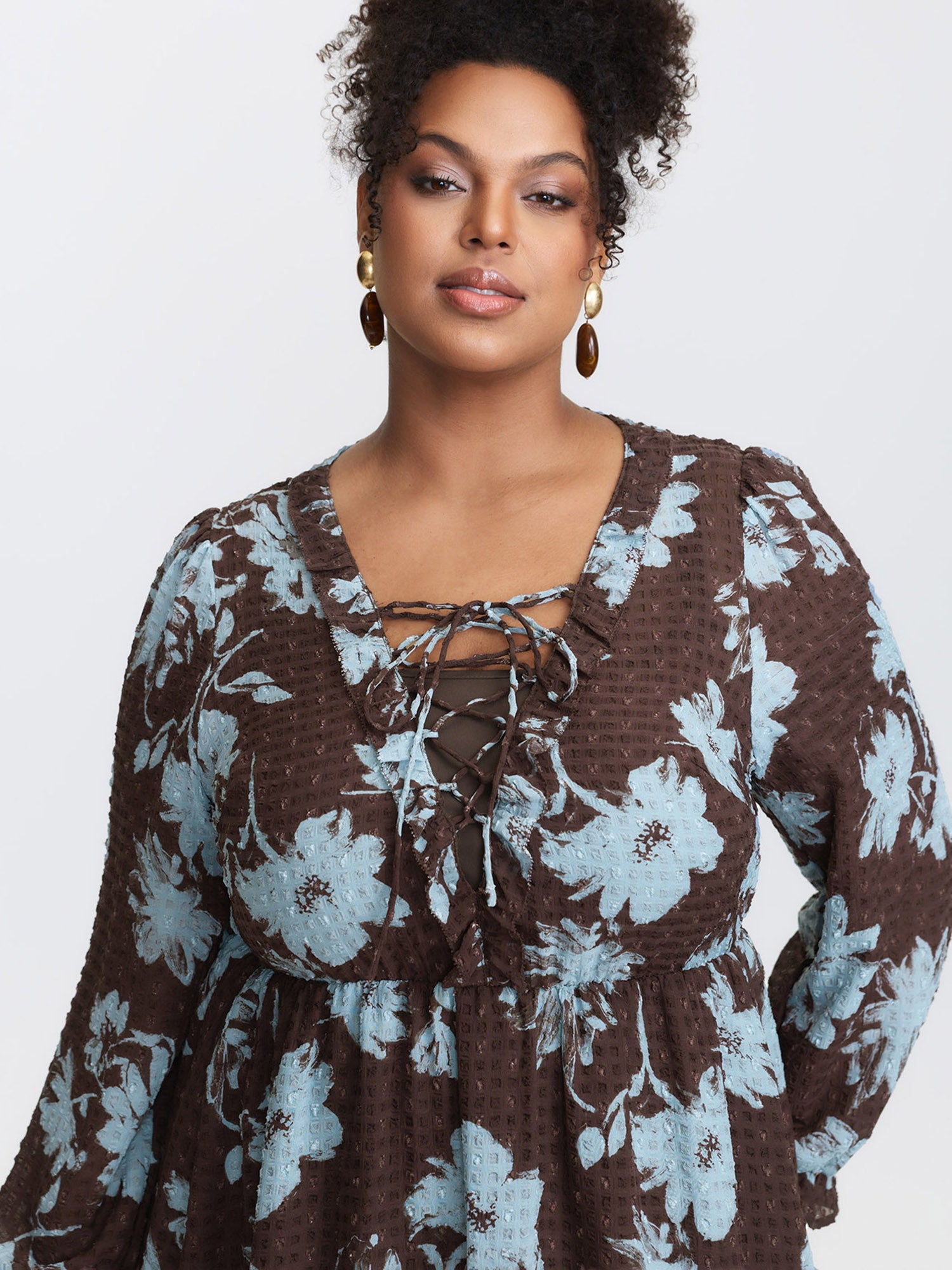 Floral Pattern Textured Drawstring Neck Midi Dress