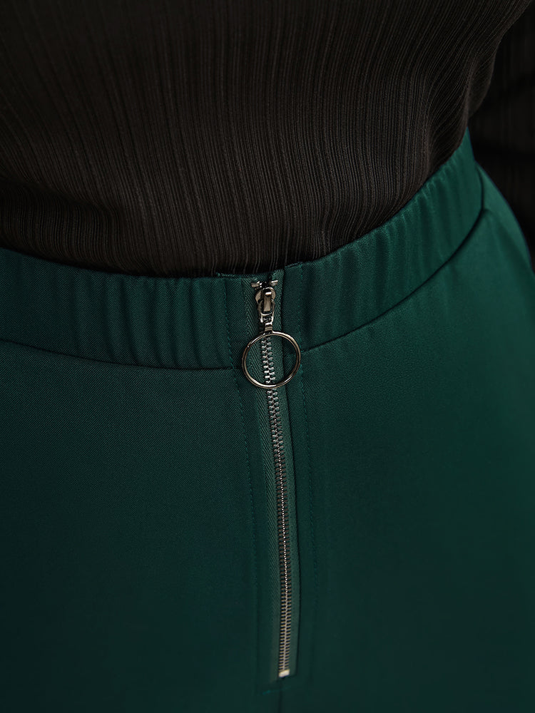 Solid O Ring Zipper Pocket Elastic Waist Wide Leg Pants