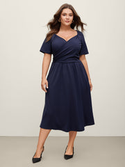 Stretchy Waist Overlap Pockets Midi Dress