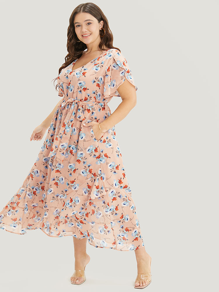 Floral Pocket Ruffles Split Sleeve Asymmetrical Hem Dress