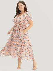 Floral Pocket Ruffles Split Sleeve Asymmetrical Hem Dress