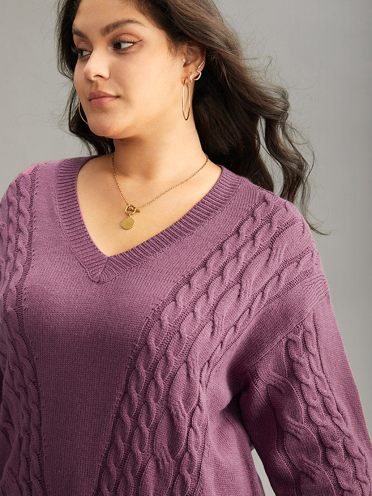 Solid Cable Knit V Neck Split Side Pullover