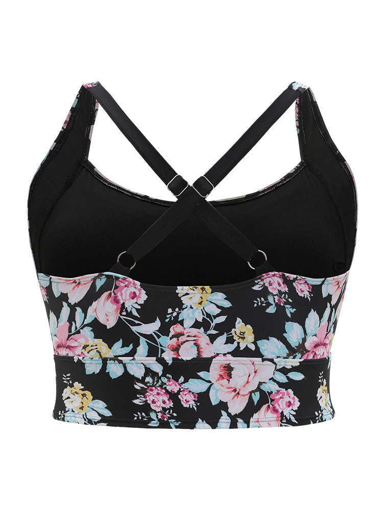Floral Ruched Knotted Crossover Back Tankini Top