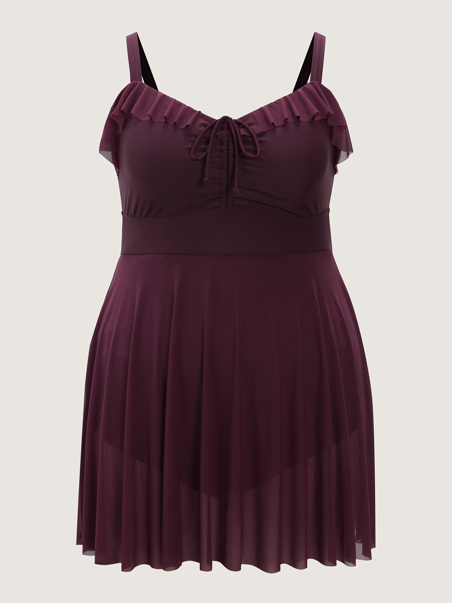 Sheer Ruffled Channel Drawstring Swim Dress