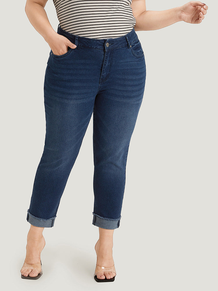 Solid Frayed Roll Hem High Rise Jeans