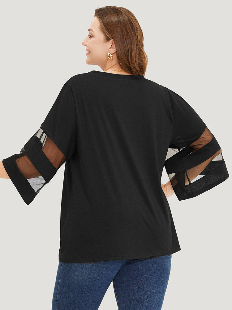 Solid Mesh Patchwork V Neck T-shirt