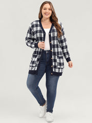 Plaid Pointelle Knit Pocket Button Front Cardigan