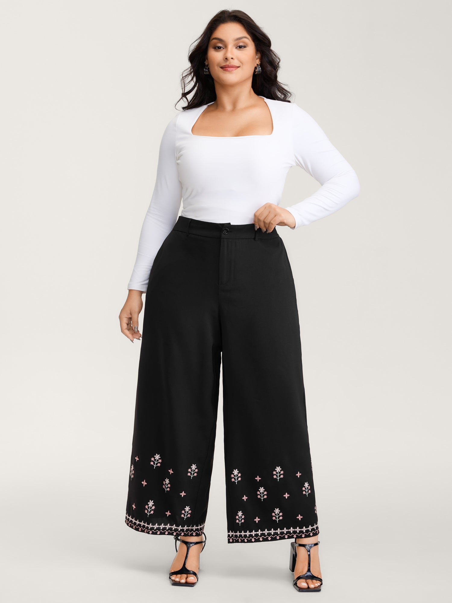 Floral Embroidered Hem Wide-Leg Pants