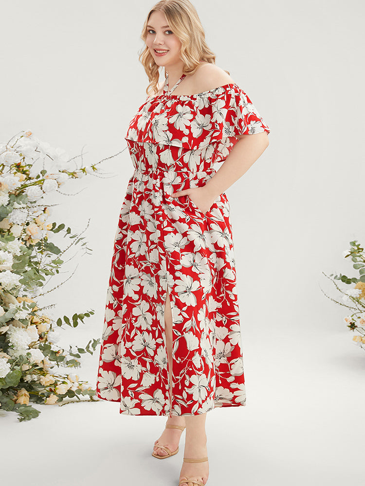 Floral Print Pocket Ruffles Trim Split Halter Maxi Dress