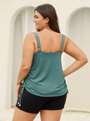 Textured Side Drawstrings U-Neck Swim Top