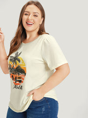 Coconut Tree & Car Print Crew Neck T-shirt