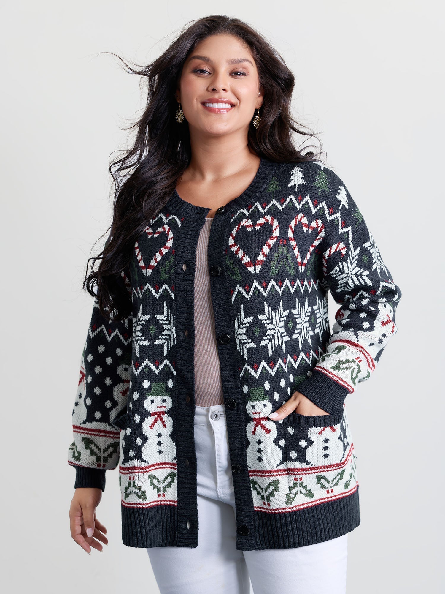 Snowman Holiday Jacquard Pockets Knit Cardigan