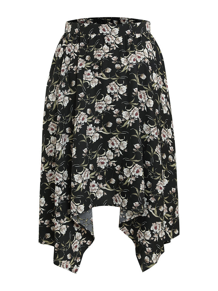 Floral Print Pocket Elastic Waist Hanky Hem Skirt