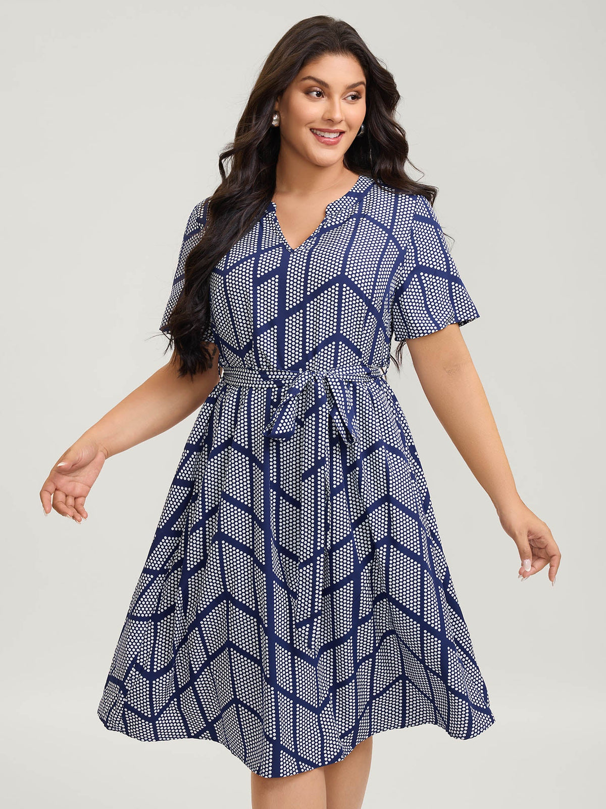 Geometrical Print Notched Collar Belted Midi Dress