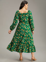 Floral Print Shirred Elastic Cuffs Dress