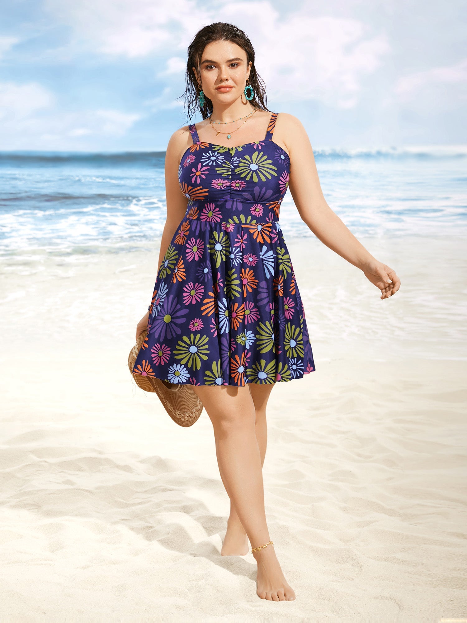 Floral Heart Neckline Ruched Swim Dress