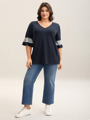 Sleeve Spliced V-Neck Fitted T-Shirt