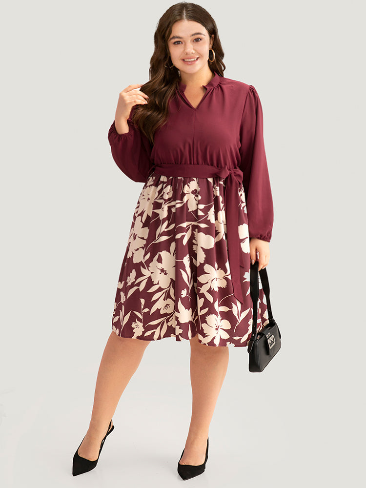 Silhouette Floral Print Belted Pleated Dress