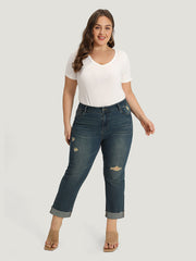 Solid Ripped Roll Hem Pocket Straight Leg Jeans