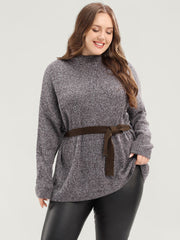 Solid Pointelle Knit Mock Neck Belted Heather Knit Top
