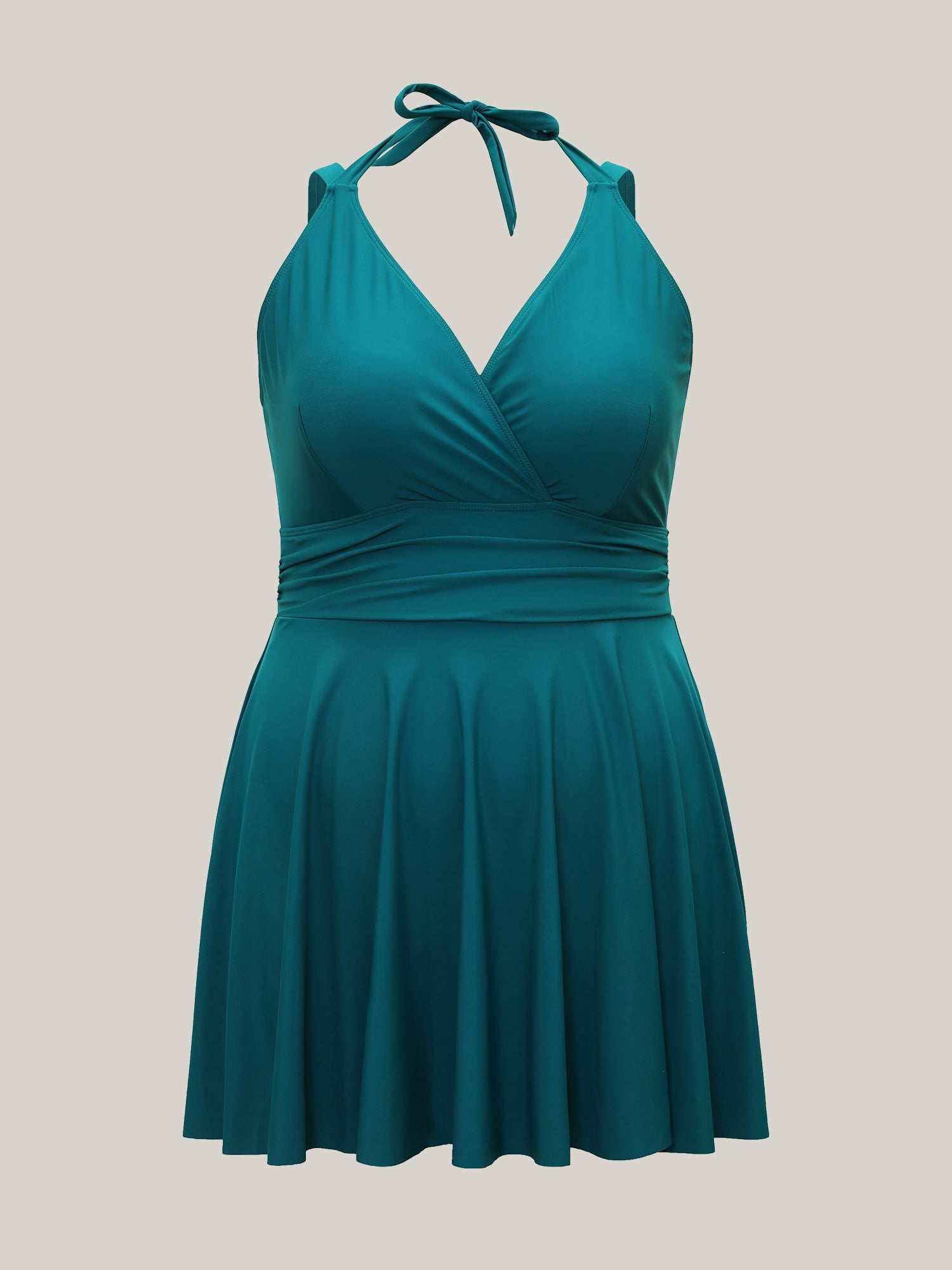 Solid Ruffle Hem Empire Waist Halter Neck Swim Dress