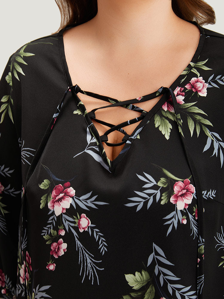 Floral Print Lace Up Lantern Sleeve Blouse