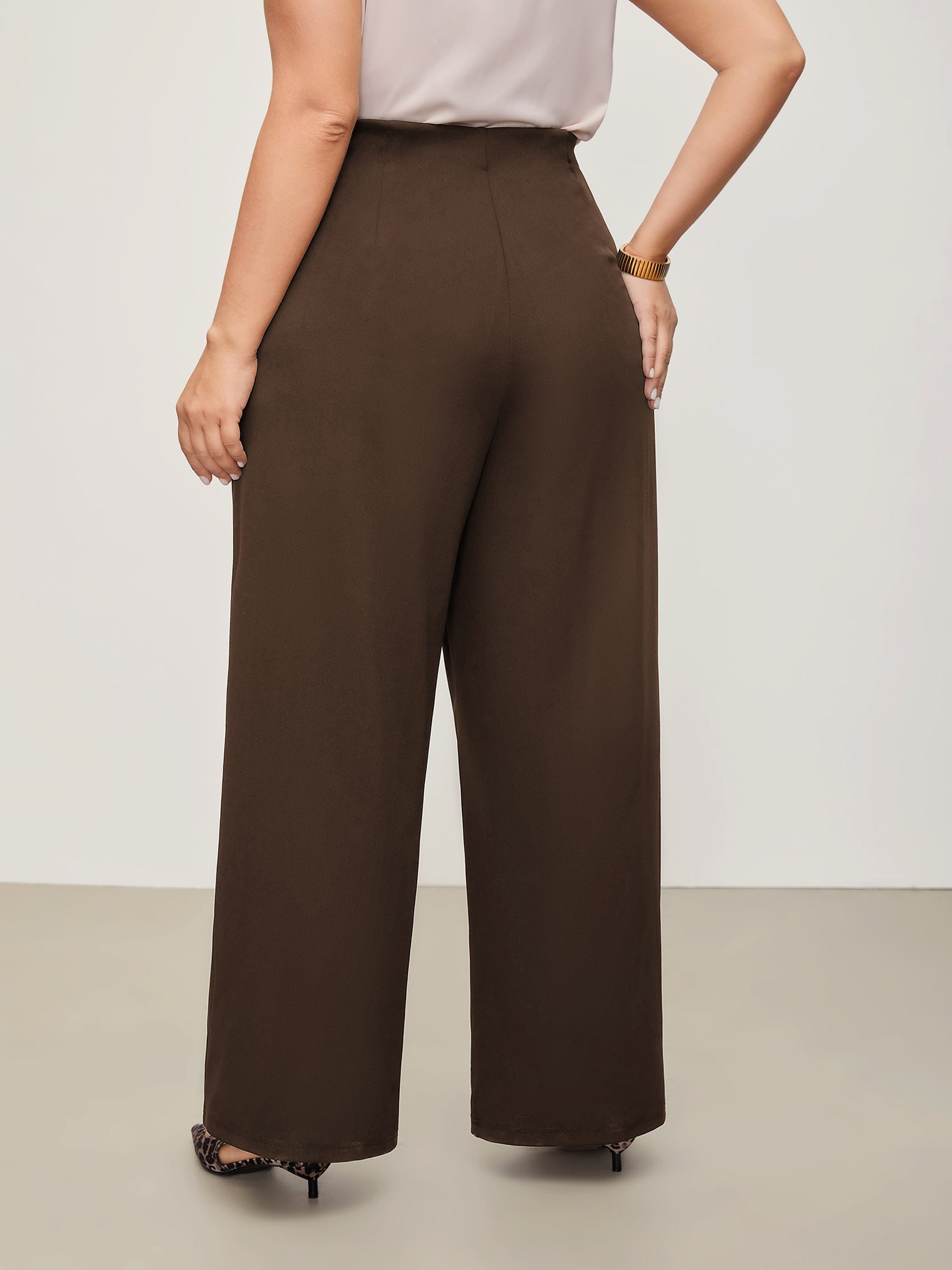 Solid Elastic Waist Pleated Wide Leg Pants