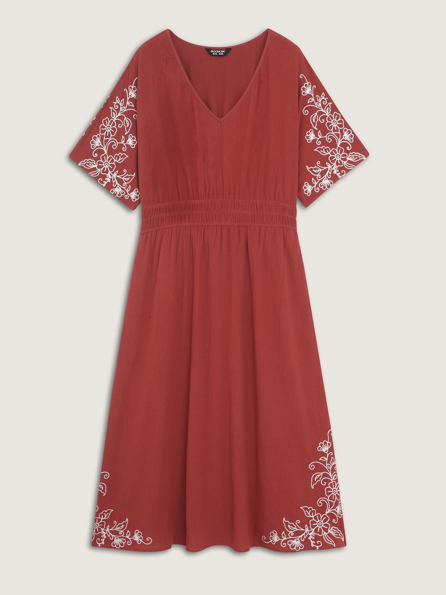 Shirred Waist Embroidered Midi Dress